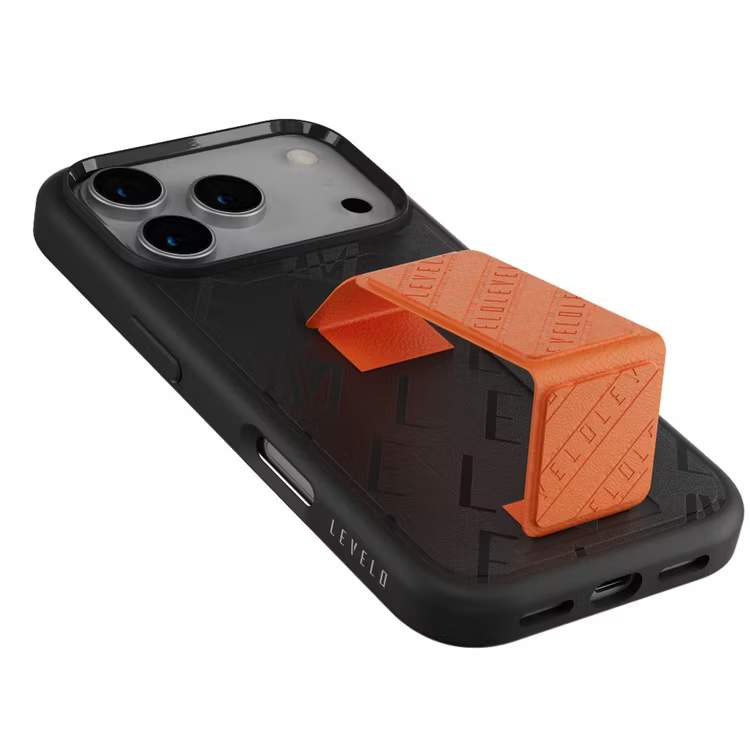 Levelo Morphix Vallo Faux Leather GripStand Case for iPhone 17 Pro Onyx Flame