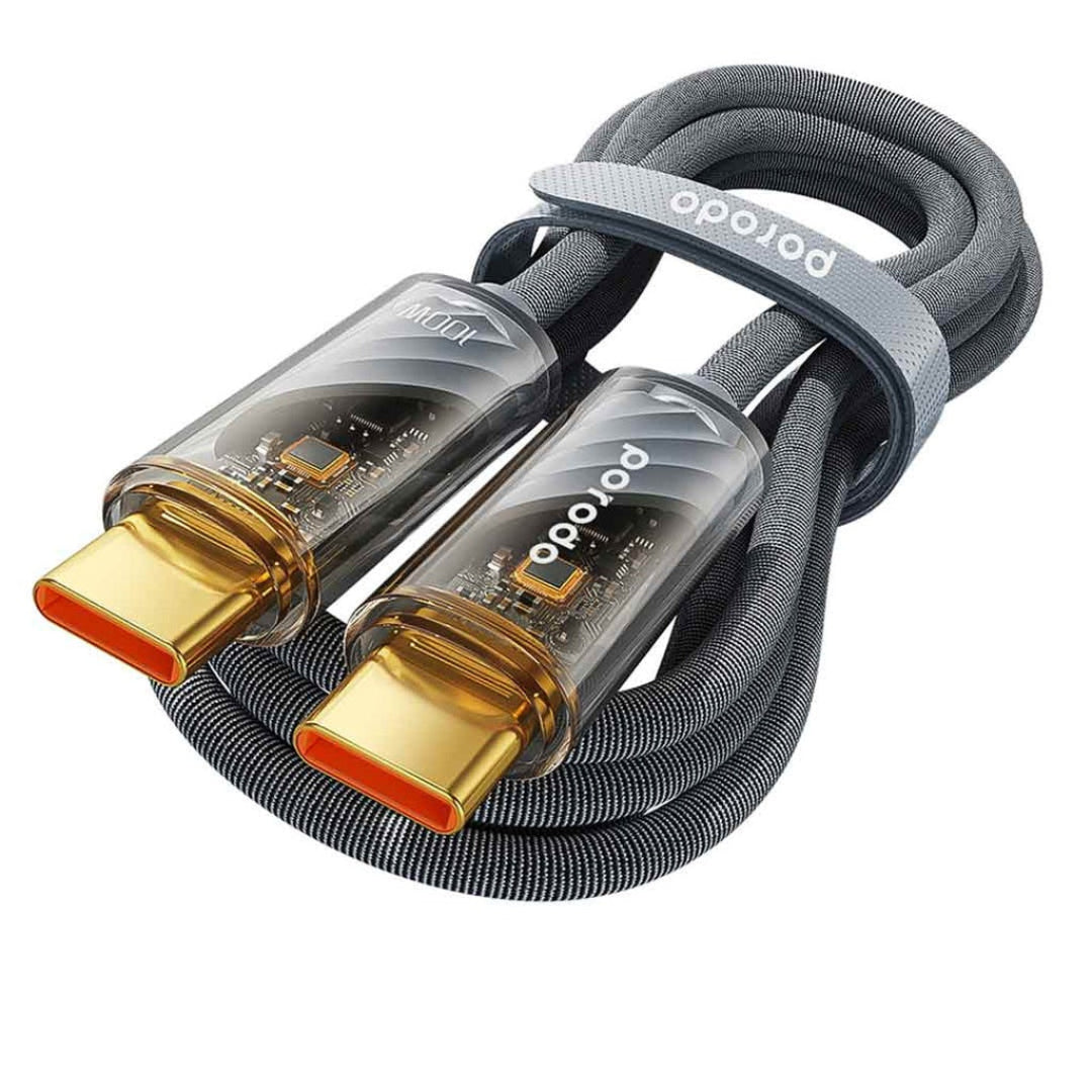 Porodo Braided USB-C to USB-C PD Cable – 100W Fast Charging – 1M – Transparent Head – Grey