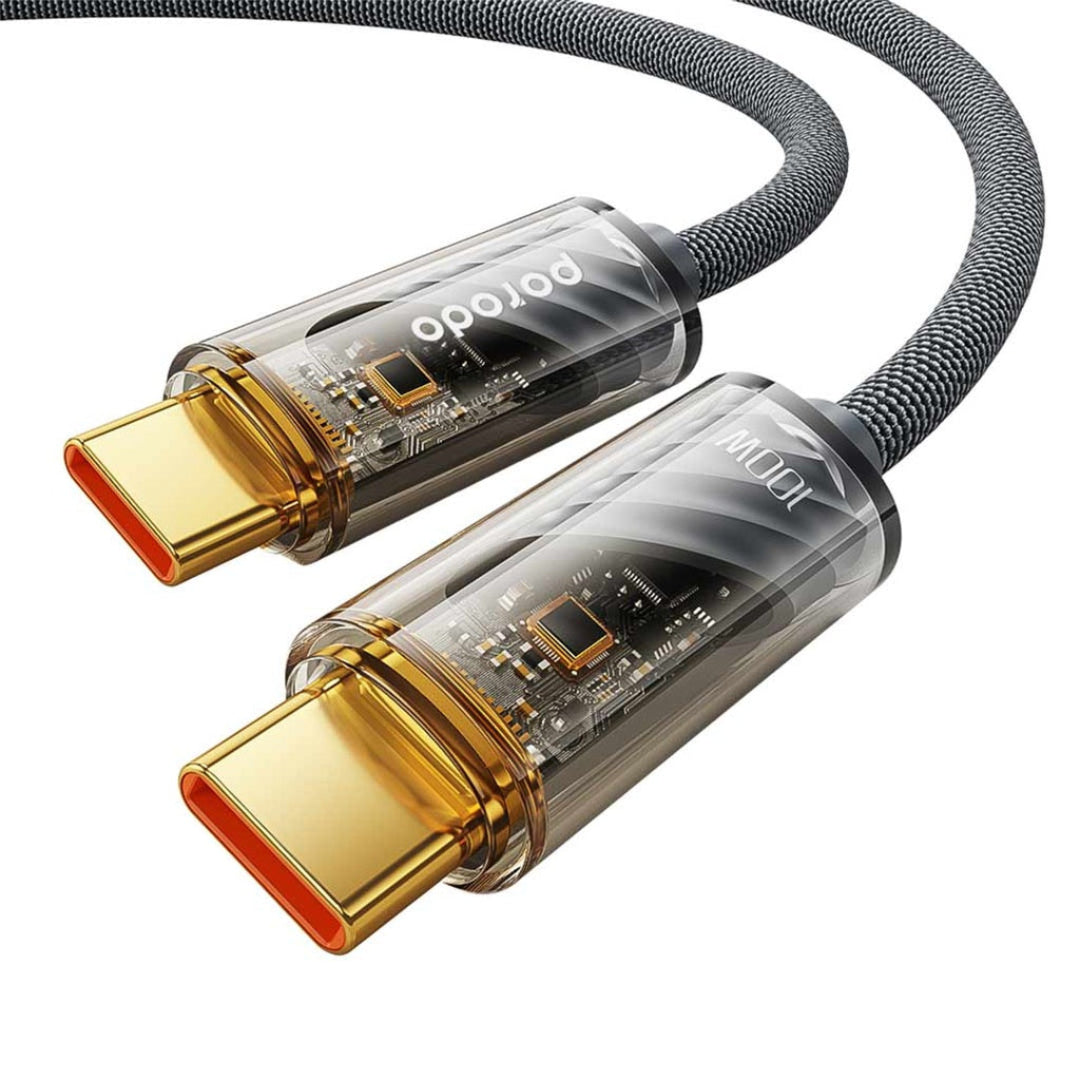 Porodo 100W USB-C Cable – Braided, Transparent Head, Fast Charging-1M-Gray