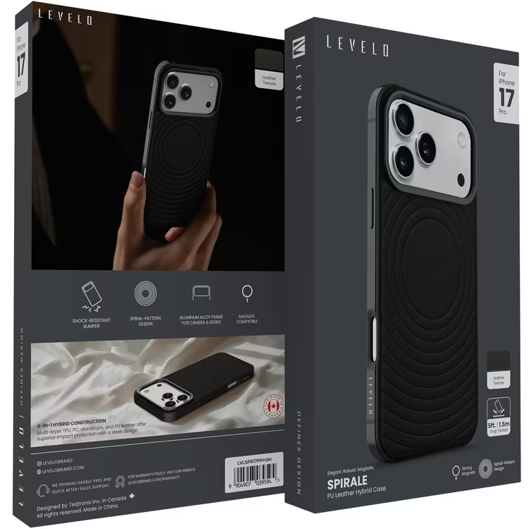 Levelo Spirale PU Leather Hybrid Case for iPhone 17 Pro Max MagSafe Compatible- Black